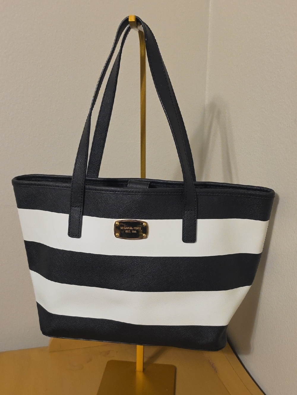 Michael Kors Black and White Striped Leather Tote